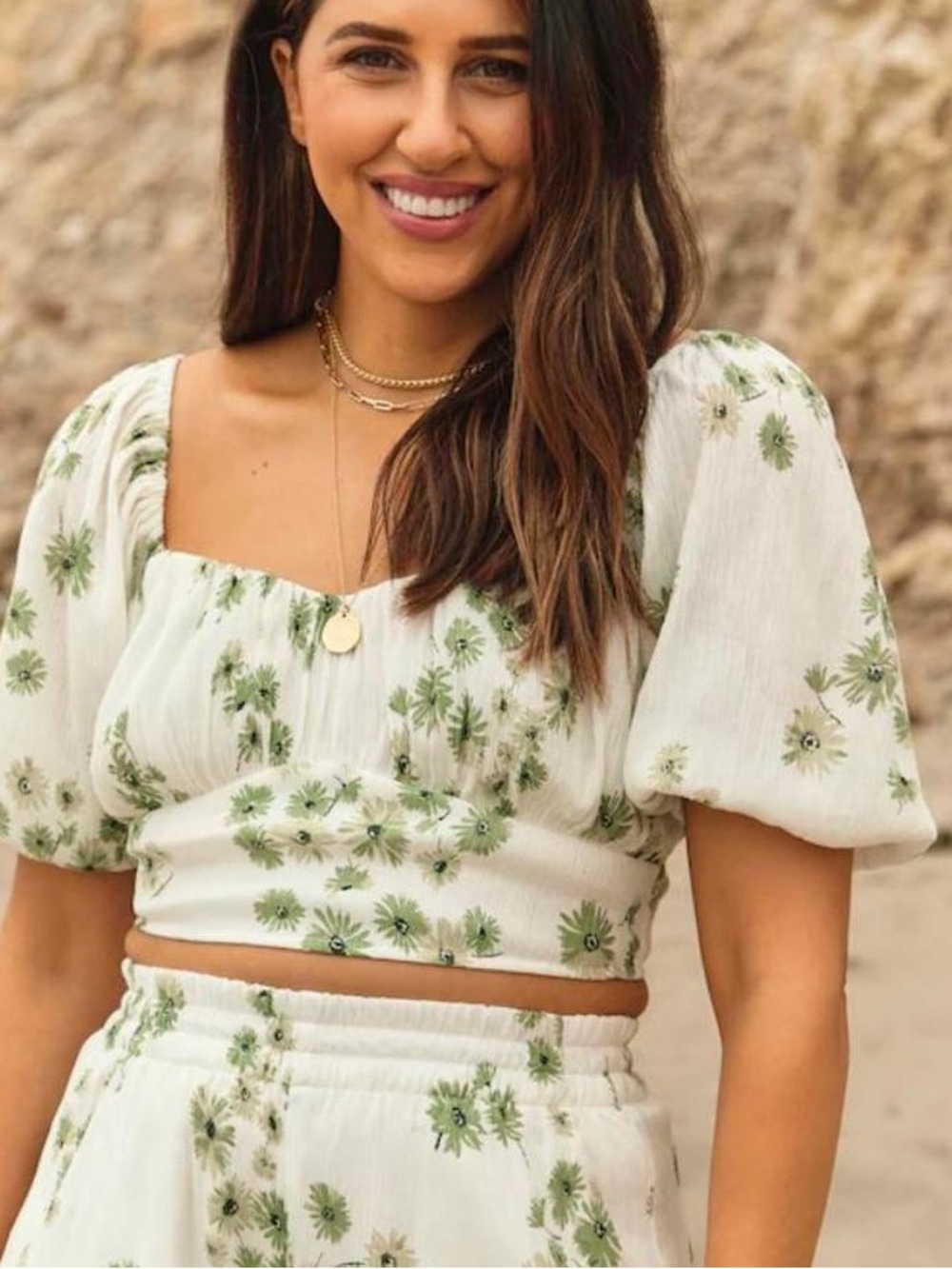 Abercrombie & Fitch White Cropped Puff-Sleeve Top with Green Floral Print